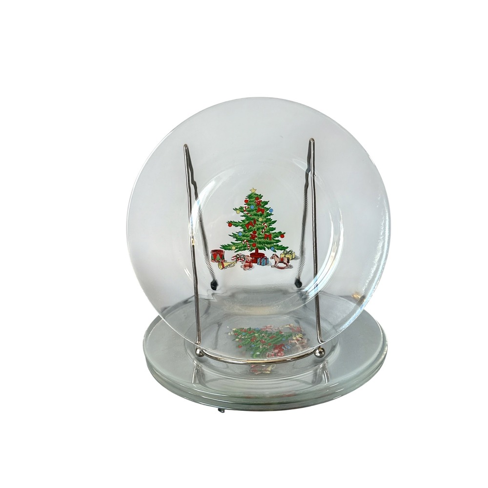 Vintage Arcoroc France Christmas Tree Gifts & Toys Four 7¾" Clear Glass Plates